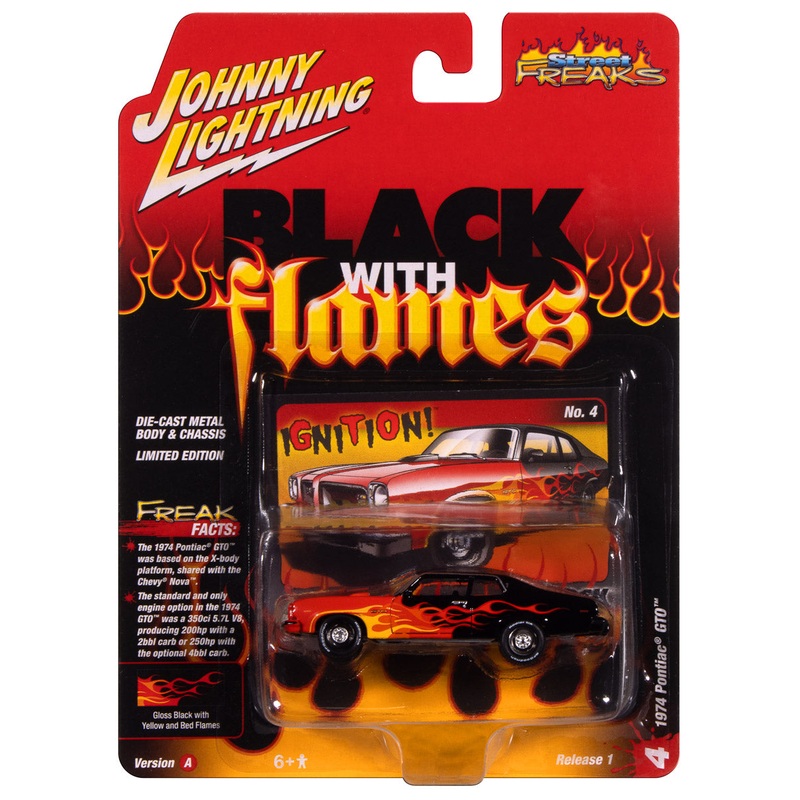 “PRE-ORDER” Johnny Lightning Street Freaks 1974 Pontiac GTO(Black w/Flames) (Black/Red, Orange & Yellow) 1:64 Scale Diecast (DUE LATE OCTOBER 2025)