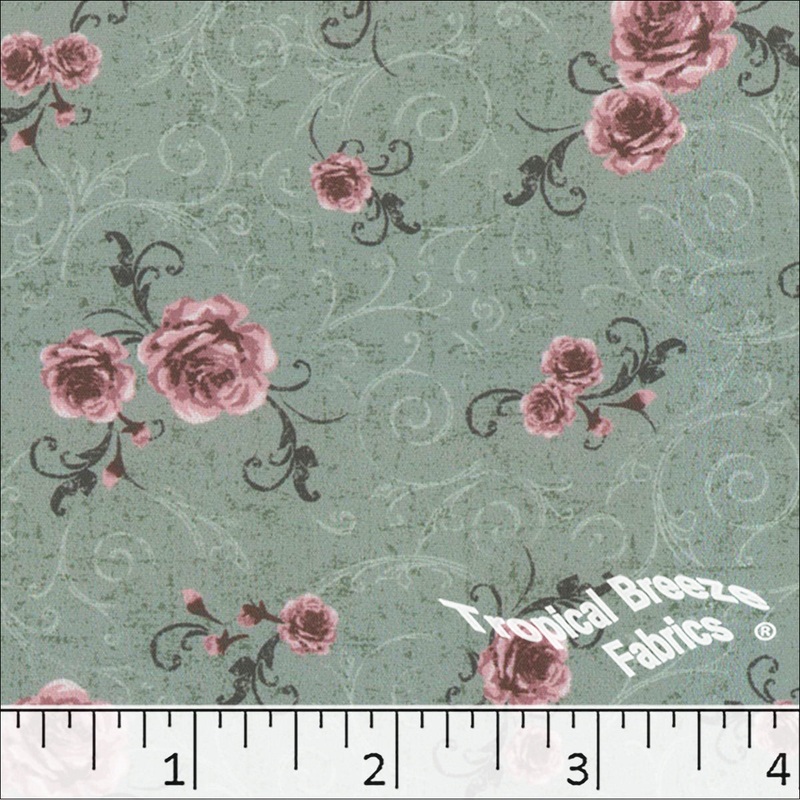 100% Polyester Peach Cream Print Fabric 048523 Sage Green