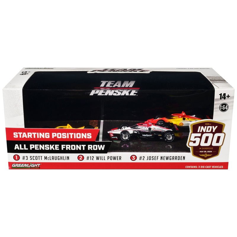 “108th Indianapolis 500” (2024) “All Penske Front Row” Set of 3 IndyCars 1/64 Diecast Model Cars by Greenlight