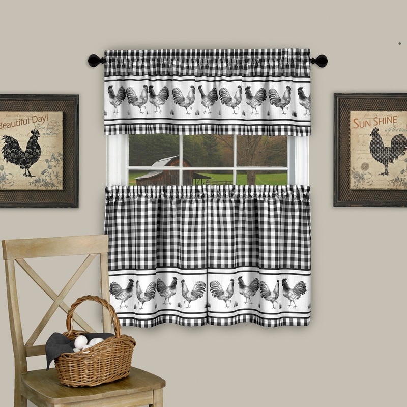 Black Barnyard Rooster Curtains 1704 24-in Tiers & Valance