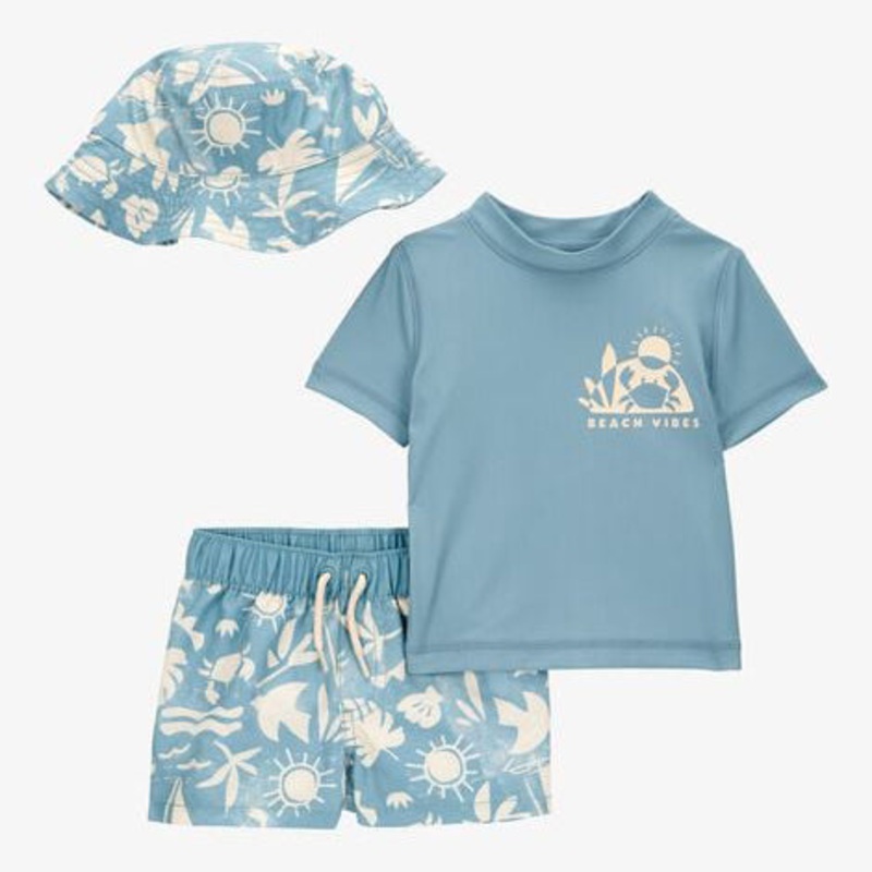 Baby 3-Piece “Beach Vibes” Rashguard Swim Trunk & Hat Set 1S897110-420 6MO