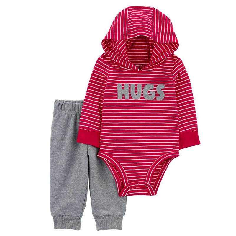 Baby Boy 2-Piece Striped Hugs Hooded Bodysuit Pant Set 1S050310 Newborn