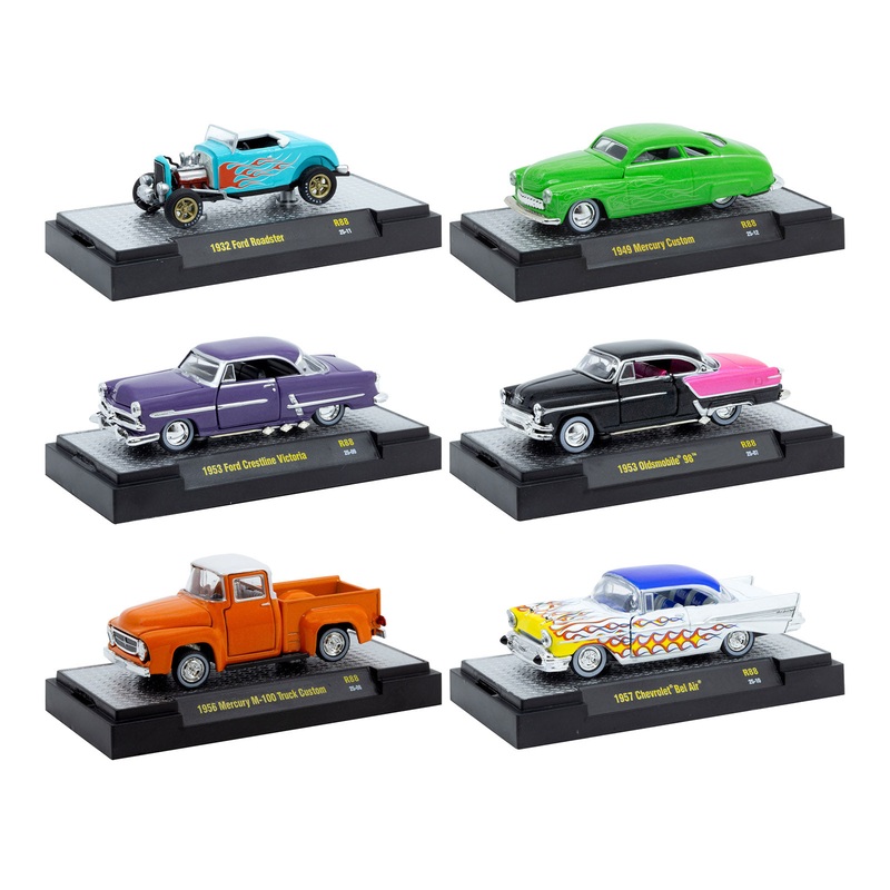 “Auto Meets” Set of 6 Cars IN DISPLAY CASES Release 88 Limited Edition 1/64 Diecast Model Cars by M2 Machines