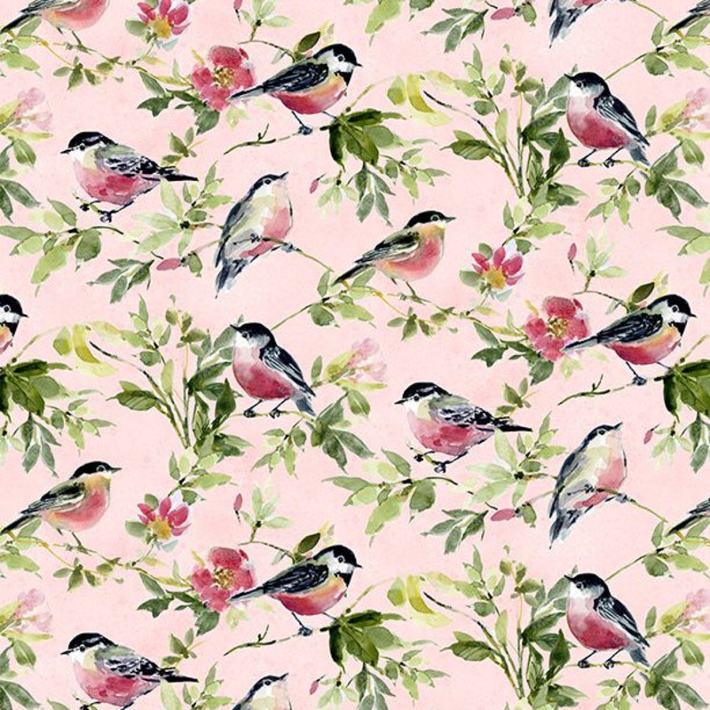 Among the Branches Collection Birds All Over Cotton Fabric 39756 Pink