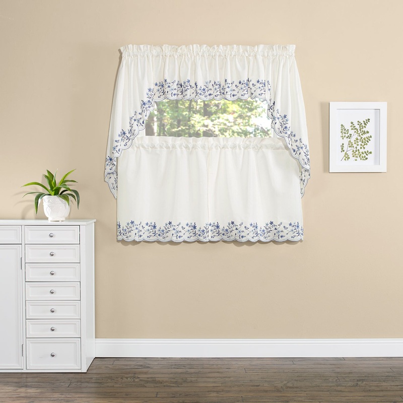 Blue Bloom Embroidered Curtains Valance 56 x 12 inches
