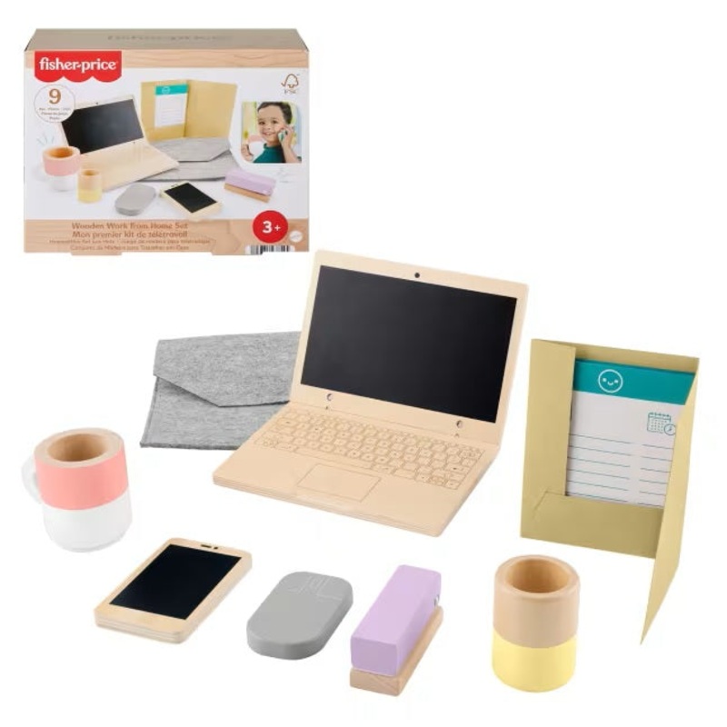 Wood Pretend Play Work From Home Set, 9-Piece Office Playset HXV11