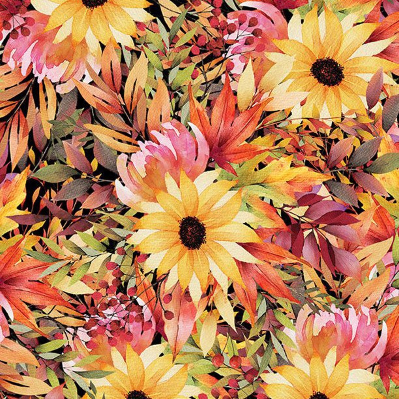 Autumn Light Collection Large Floral Cotton Fabric 3022-32103-539 Black