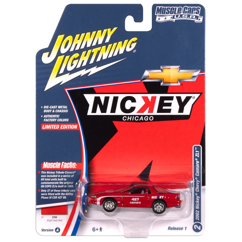 “PRE-ORDER” Johnny Lightning Muscle Cars Nickey 2002 Chevy Camaro ZL1 (Red w/White Stripes & Nicky Logos) 1:64 Scale Diecast (DUE NOVEMBER 2025)