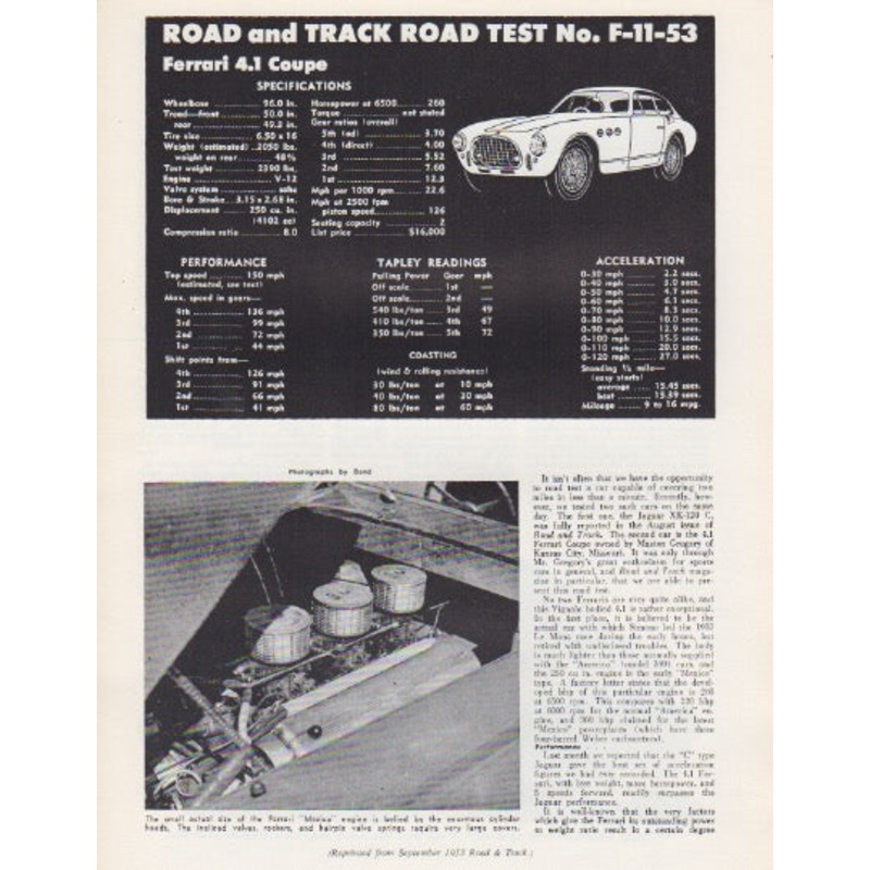 Road & Track Ferrari 4.1 Coupe Road Test