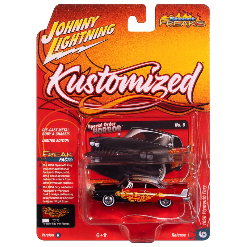 “PRE-ORDER” Johnny Lightning Street Freaks 1958 Plymouth Fury (Kustomized) (Flat Black Transition to Red-Orange-Yellow Flames  Red Back of Car) 1:64 Scale Diecast (DUE LATE OCTOBER 2025)