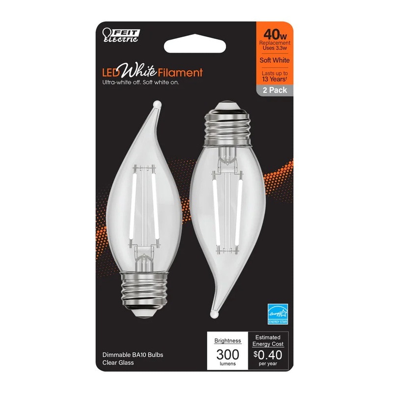 2-Pack 40W LED White Filament E26 Flame Tip Light Bulbs BPEFC40950WFIL2 2700K Soft White