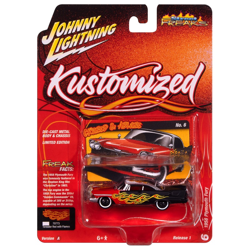 “PRE-ORDER” Johnny Lightning Street Freaks 1958 Plymouth Fury (Kustomized) (Gloss Red Transition to Red-Orange-Yellow Flames Flat Black Back of Car) 1:64 Scale Diecast (DUE LATE OCTOBER 2025)