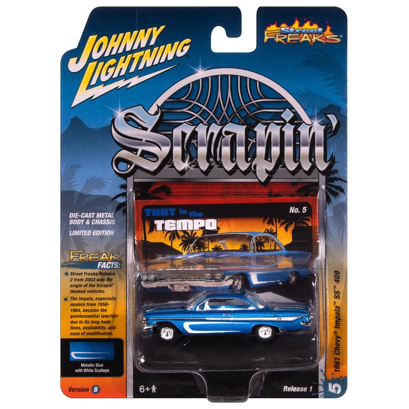 “PRE-ORDER” Johnny Lightning Street Freaks 1961 Chevy ImpalaSS 409(Scrapin) (Metallic Blue w/White) 1:64 Scale Diecast (DUE LATE OCTOBER 2025)