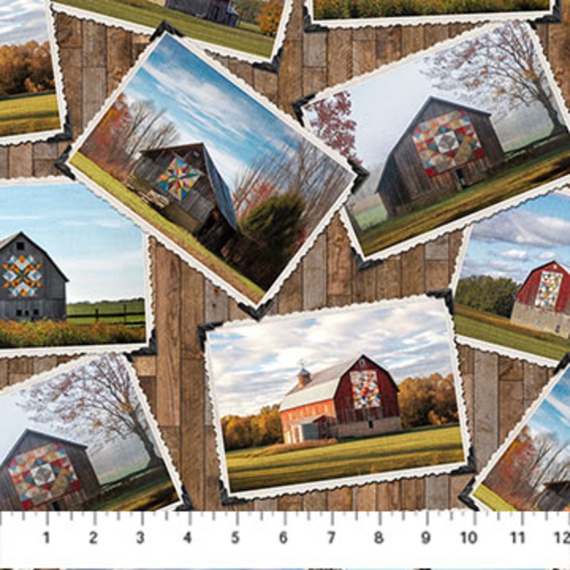 Barn Quilts Collection Photo Collage Cotton Fabric DP27315 Brown