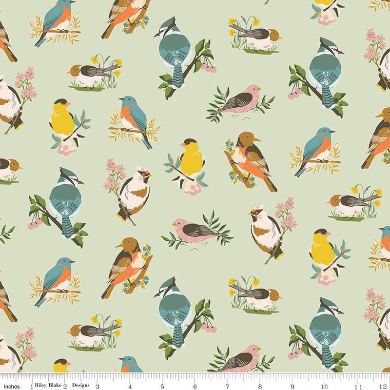 Winged Medley Collection Birds Cotton Fabric C15911 Sage