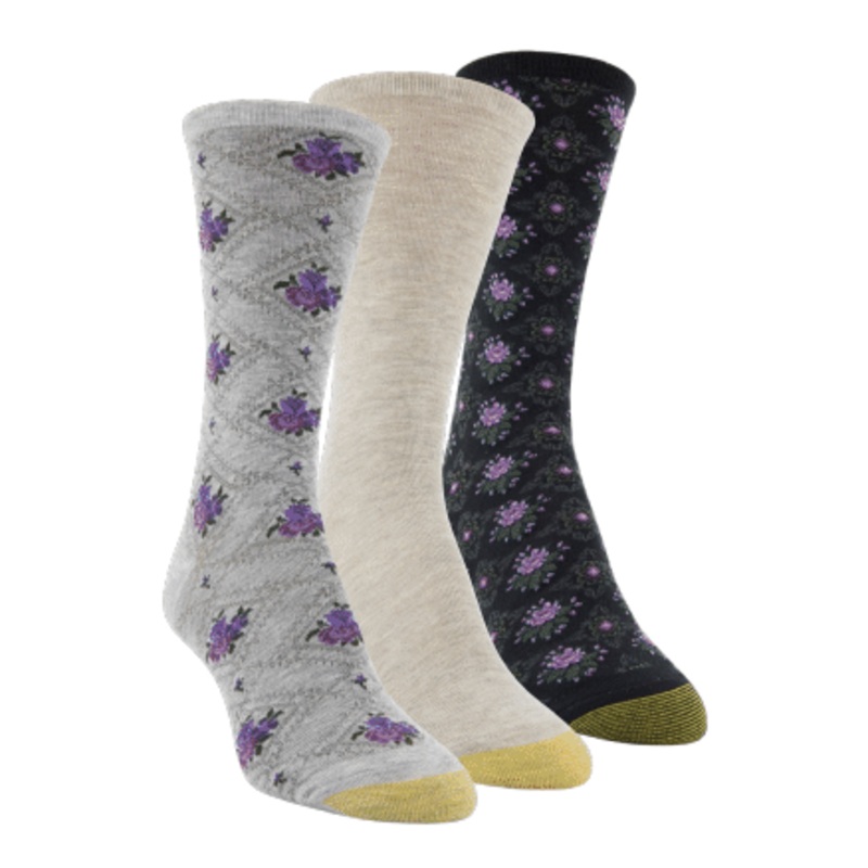3-Pack Women’s Ultra Soft Diamond Florals Socks 5981 Grey Heather, Oatmeal, Black