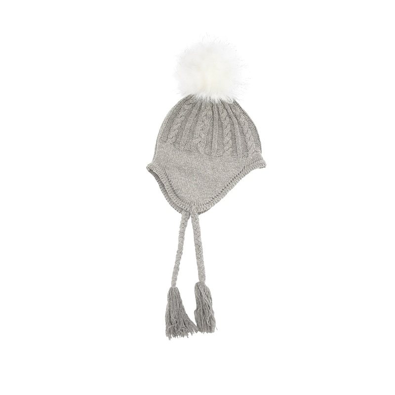 Baby Cable Knit Hat with Pom and Ear Flaps 1024 Gray 0-6 MO