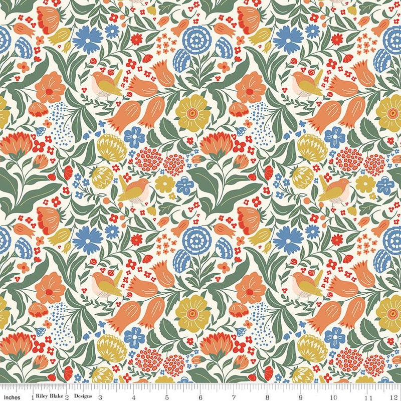 Wanderlust Collection Flowers and Birds Cotton Fabric C15470 Cream