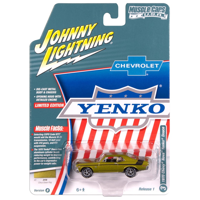 “PRE-ORDER” Johnny Lightning Muscle Cars 1970 Yenko Deuce Chevy Nova (Citrus Green Poly with Black Yenko Deuce Stripes) 1:64 Scale Diecast (DUE NOVEMBER 2025)