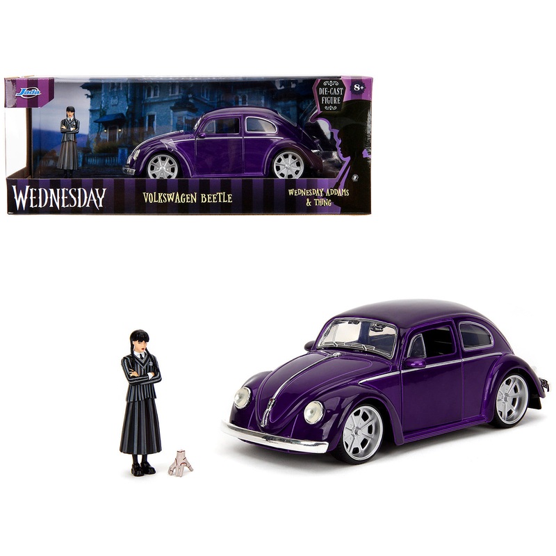 Volkswagen Beetle Purple Metallic and Wednesday Addams Diecast Figure “Wednesday” (2022) TV Series “Hollywood Rides” Series 1/24 Diecast Model Car by Jada