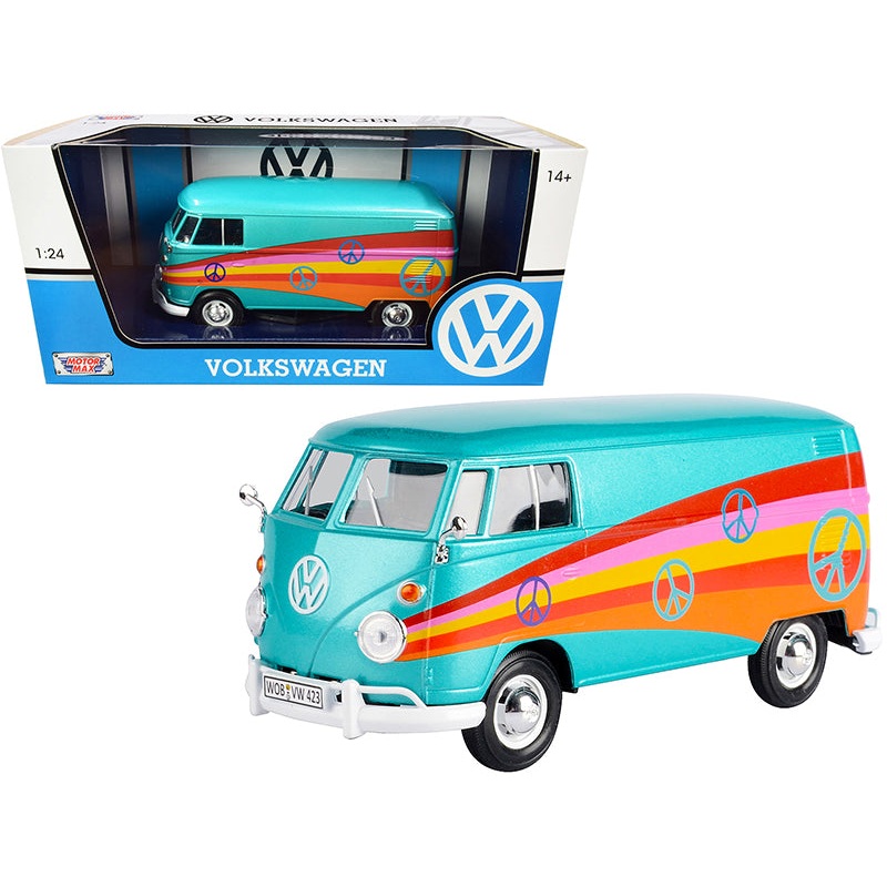 Volkswagen Type 2 (T1) Delivery Van “Peace” Turquoise Metallic 1/24 Diecast Model Car by Motormax