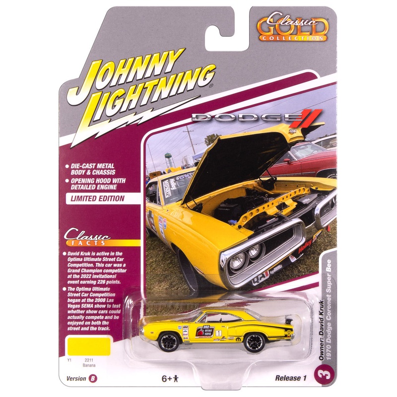 “PRE-ORDER” Johnny Lightning Classic Gold 1970 Dodge Super Bee (Banana w/Optima Ultimate Street Car Race Graphics & Black) 1:64 Scale Diecast (DUE OCTOBER 2025)