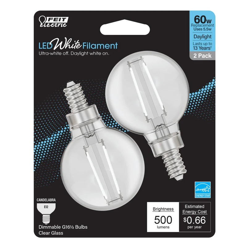 2-Pack 60W LED White Filament Globe Light Bulbs BPG16609 2700K Soft White