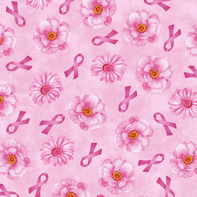 A Pink Celebration Flower and  Ribbon Toss Cotton Fabric 7309 Pink