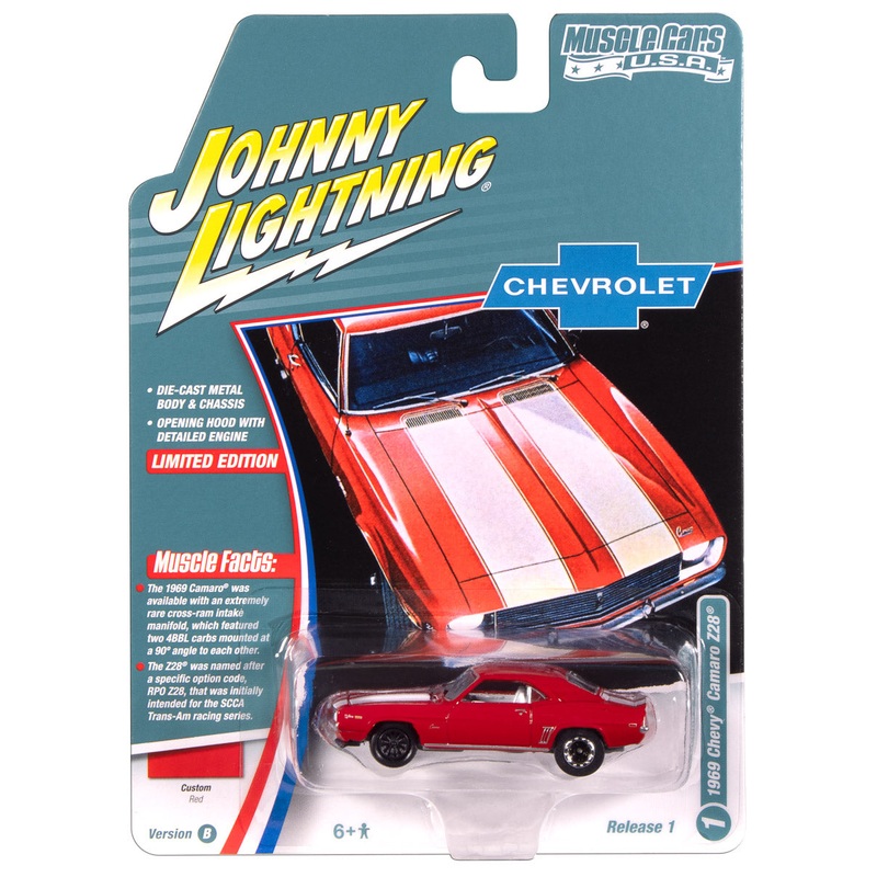 “PRE-ORDER” Johnny Lightning Muscle Cars 1969 Chevy Camaro Z28 (Red with White Stripes) 1:64 Scale Diecast (DUE NOVEMBER 2025)